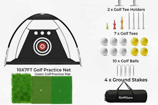 Golf hitting net set up in backyard for swing practice