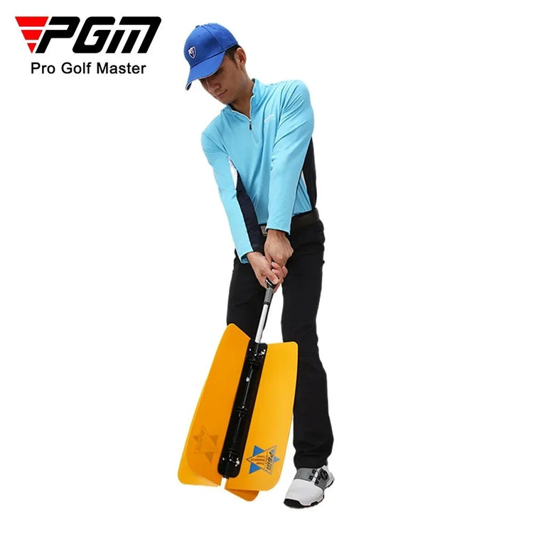 Golf swing trainer device used on driving range