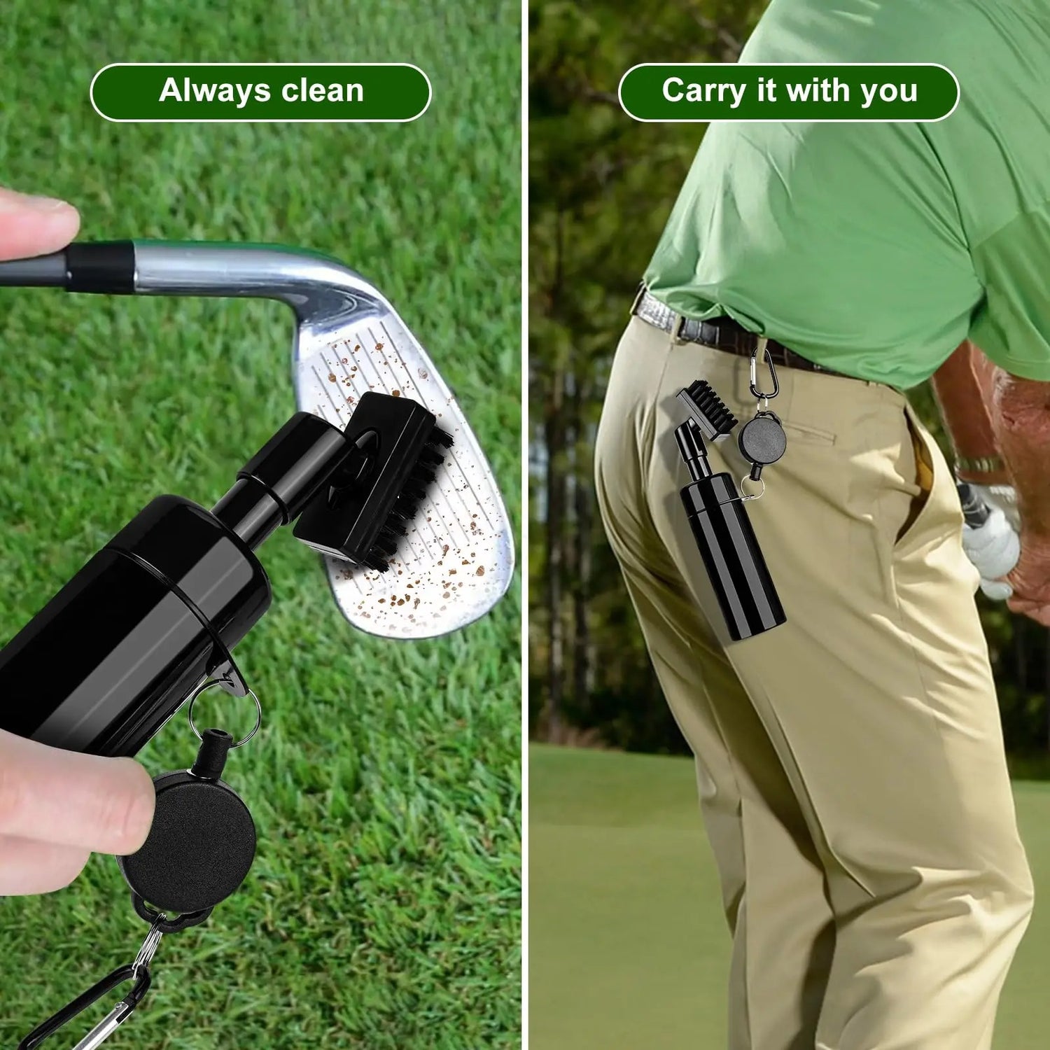 Golf cleaning brush with water spray removing dirt from club