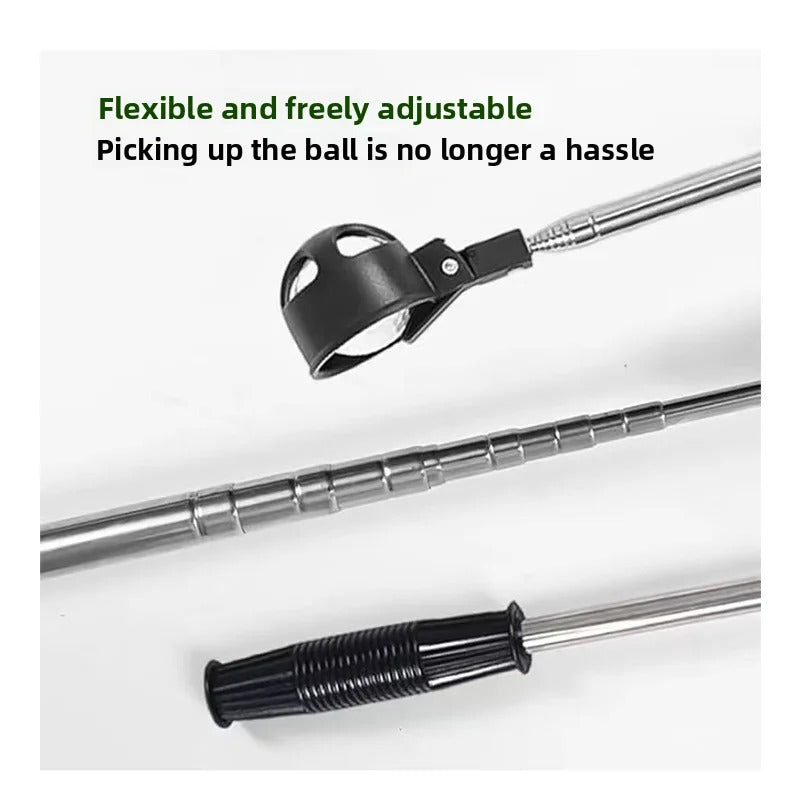 Stainless steel golf ball retriever grabbing ball from pond