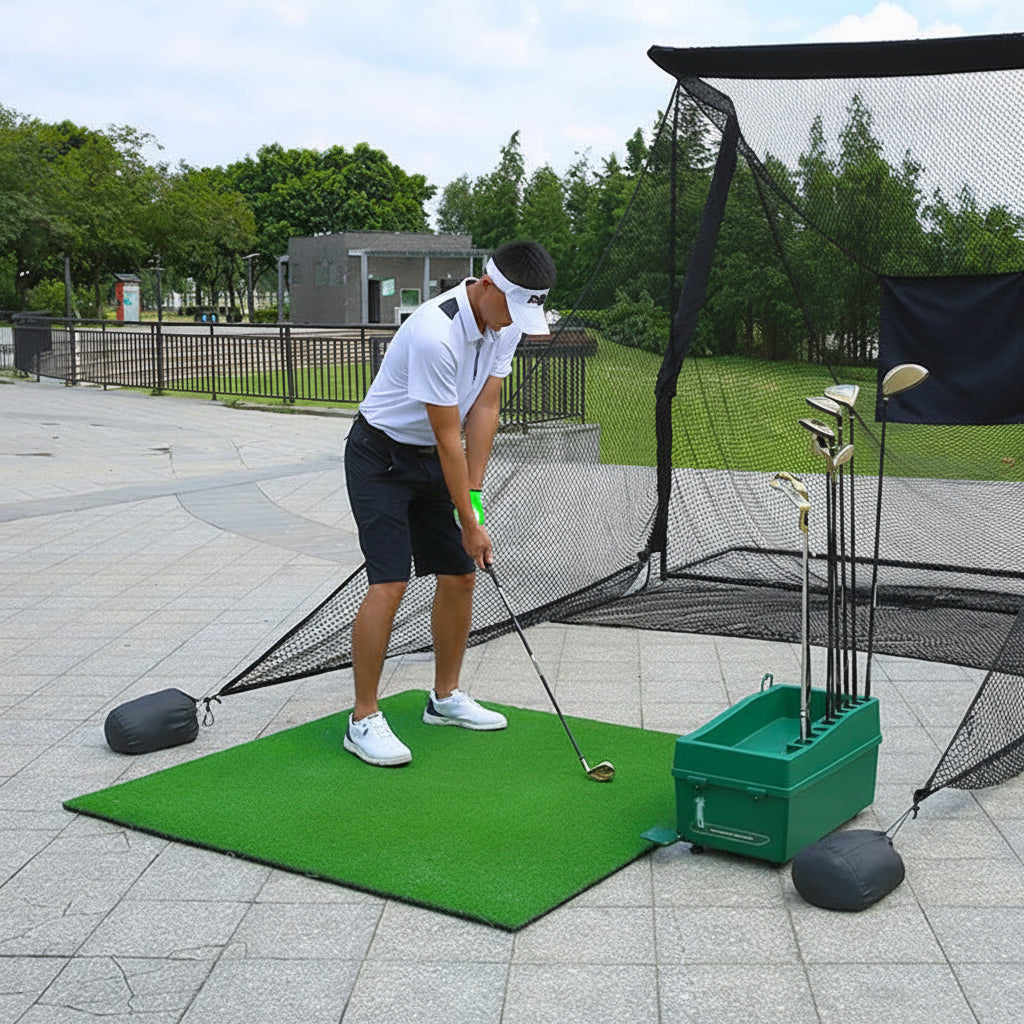 Golf practice mat placed on backyard ground for training