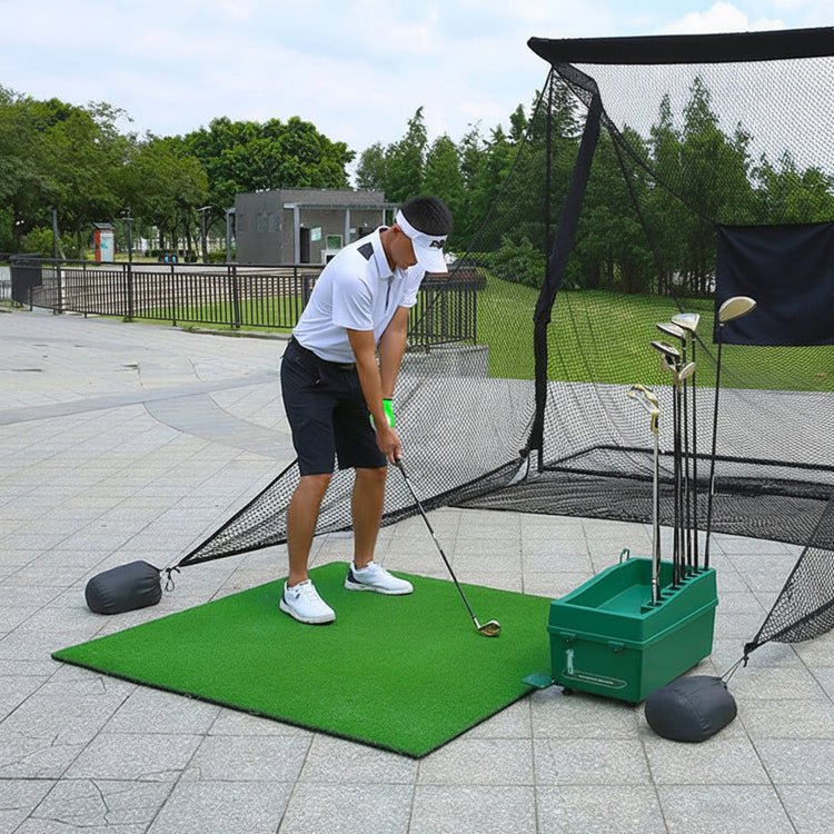 Golf practice mat placed on backyard ground for training