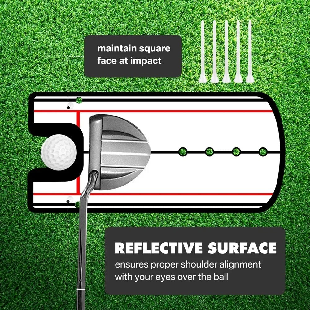 Putting alignment mirror with tees guiding stroke path