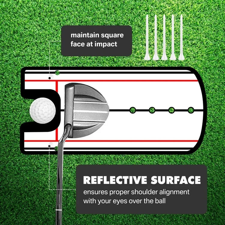 Putting alignment mirror with tees guiding stroke path