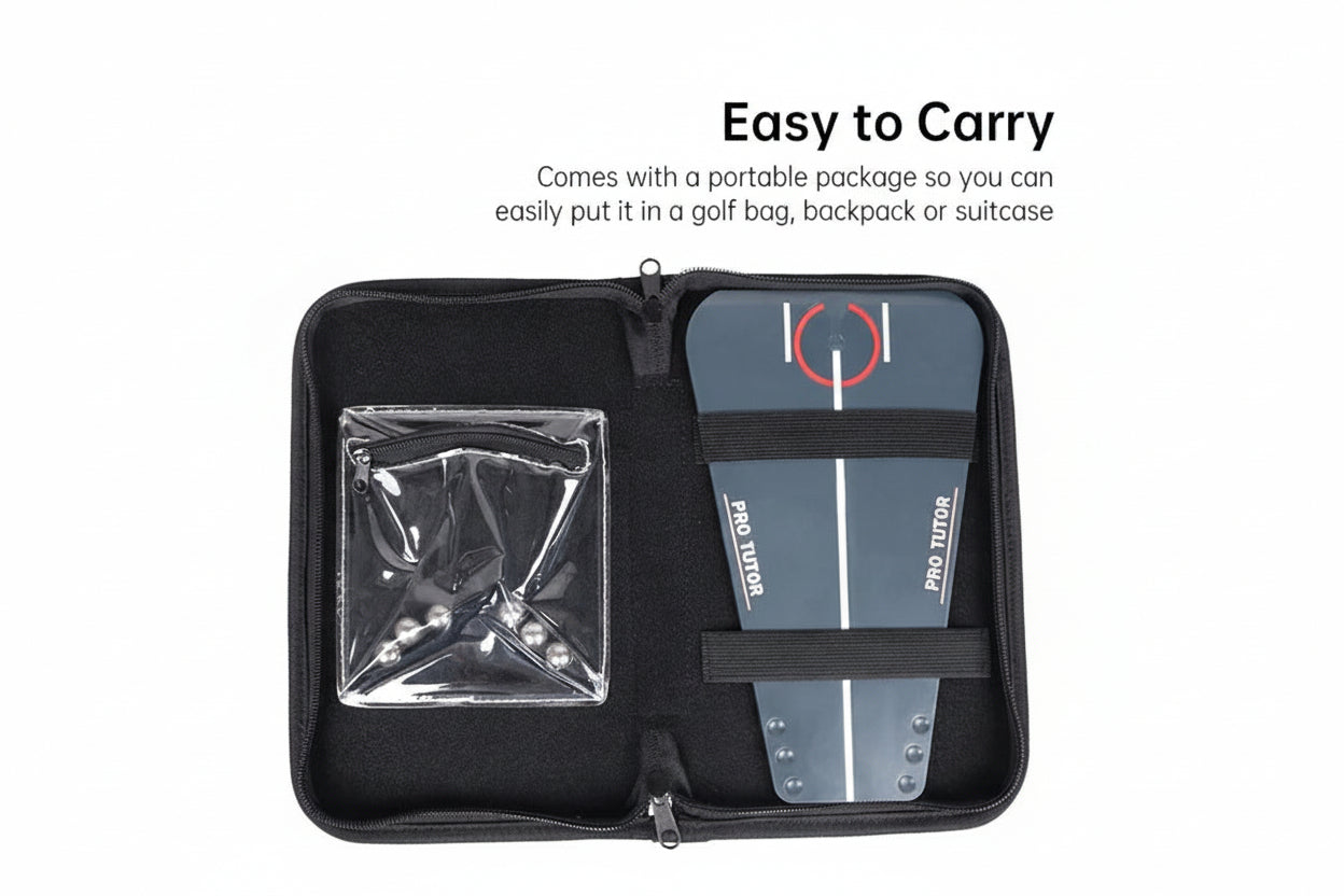 Golf putting trainer guiding ball through straight path