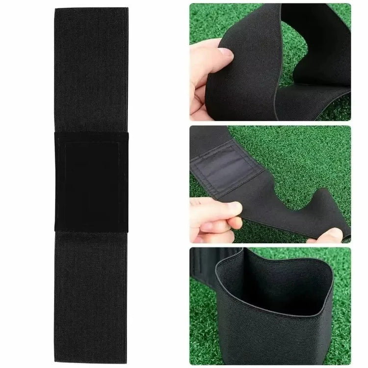 Golfer wearing arm band trainer for consistent swing control