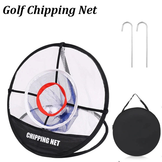 Golf chipping net set up in backyard for short game practice